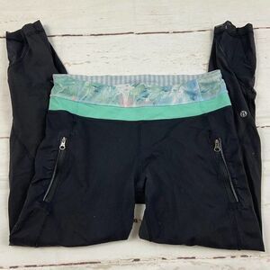 Lululemon Inspire Mesh Black midrise cropped Legging Floral band waist womens 8
